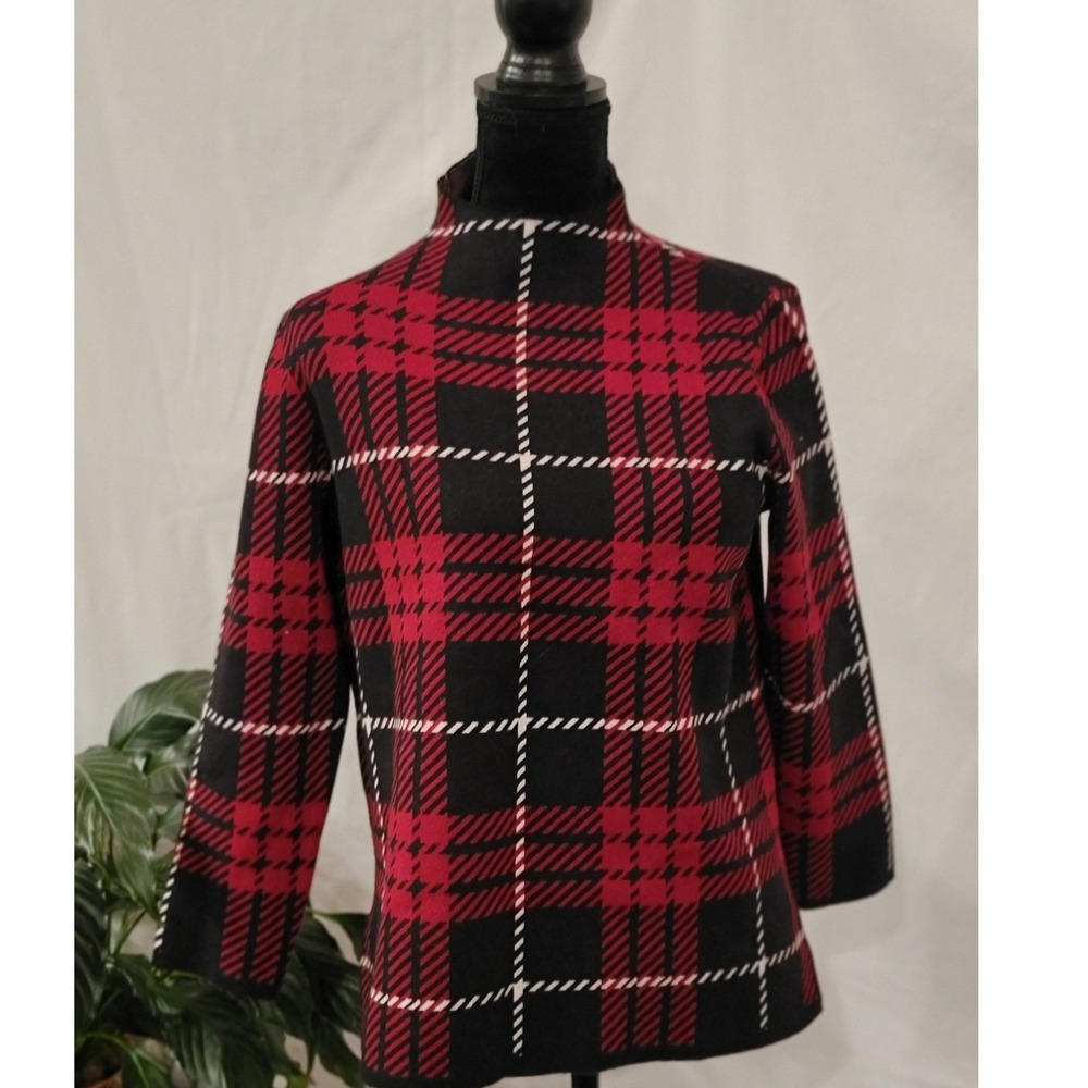 Anne Klein Womens Red Black Plaid Mock Neck 3/4 Sleeve Knit Sweater Size S‎